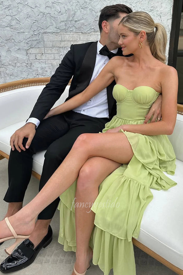 Strapless Corset Ruffle A-Line Prom Dress with Slit