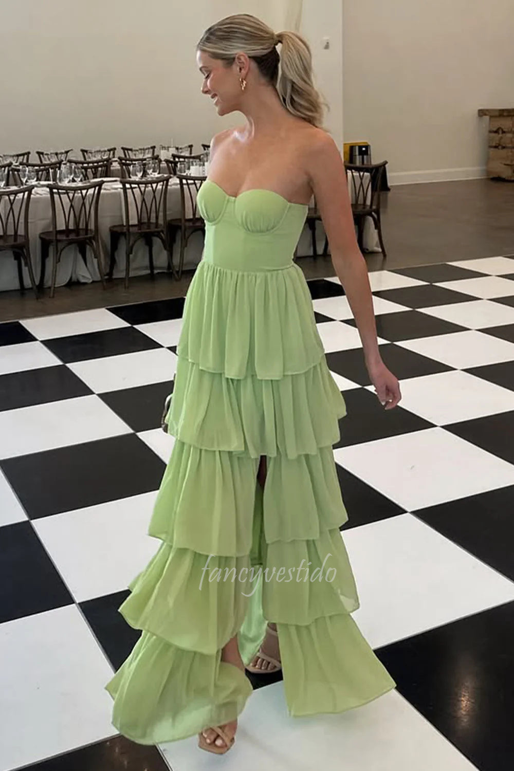 Strapless Corset Ruffle A-Line Prom Dress with Slit – FancyVestido