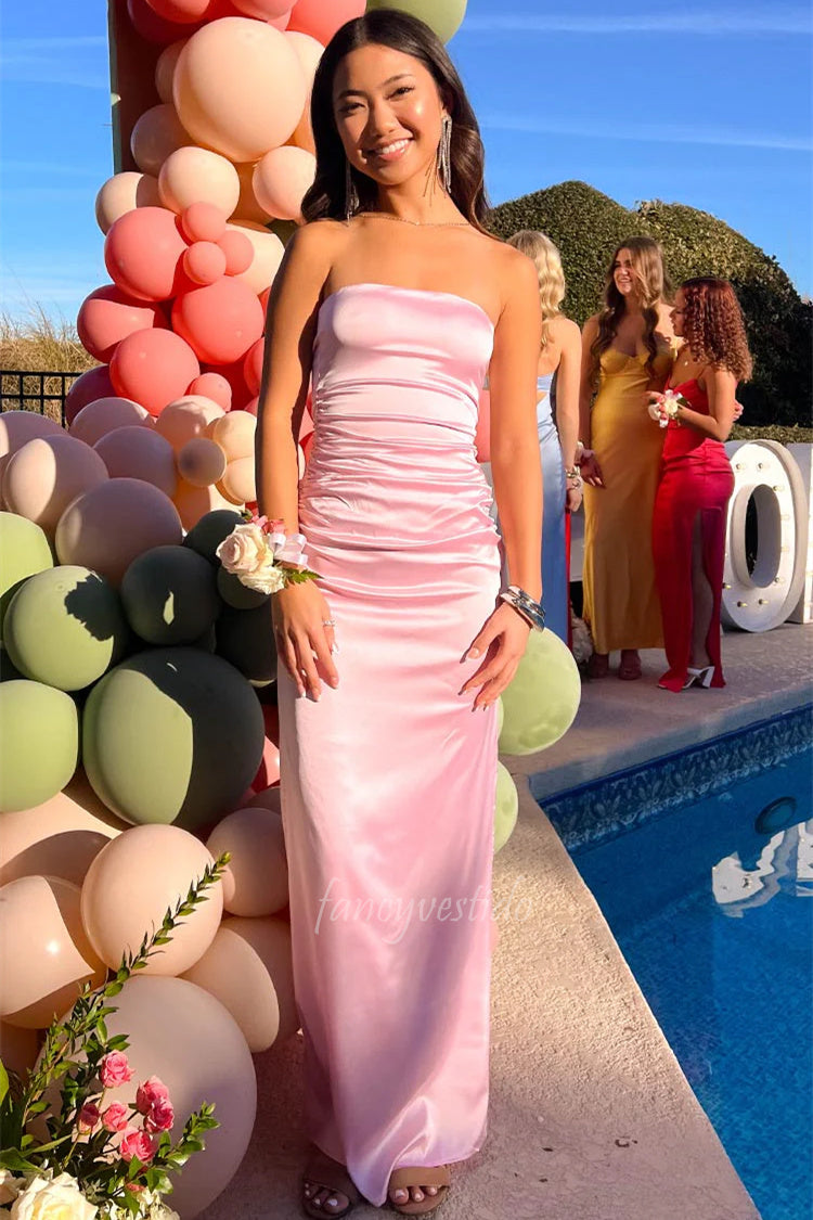 Pink Strapless Satin Sheath Maxi Prom Dress