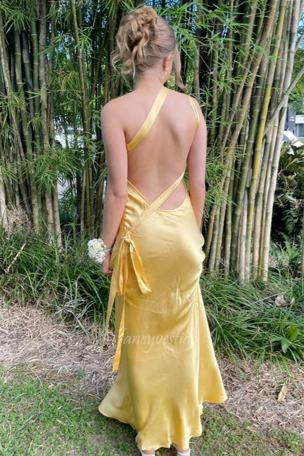 One Shoulder Satin Sheath Maxi Prom Dress with Open Back
