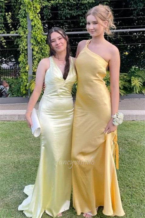 One Shoulder Satin Sheath Maxi Prom Dress with Open Back