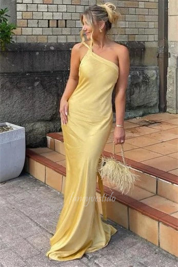 One Shoulder Satin Sheath Maxi Prom Dress with Open Back