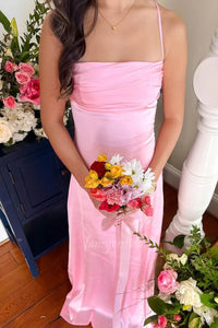 Pink Spaghetti Straps Pleated Maxi Prom Dress with Lace-up Back