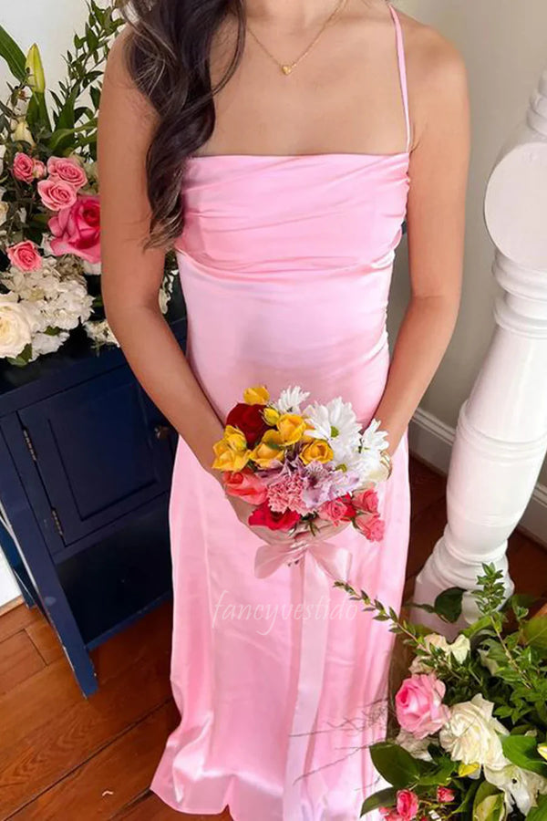 Pink Spaghetti Straps Pleated Maxi Prom Dress with Lace-up Back