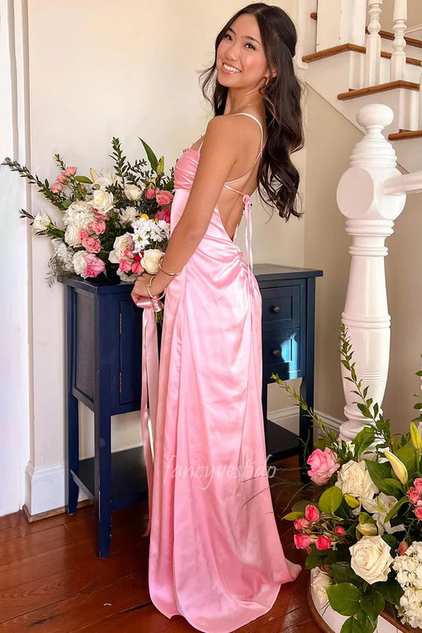 Pink Spaghetti Straps Pleated Maxi Prom Dress with Lace-up Back
