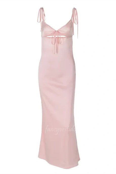 Pink Spaghetti Straps Keyhole Sheath Maxi Prom Dress
