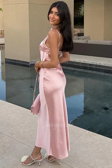 Pink Spaghetti Straps Keyhole Sheath Maxi Prom Dress