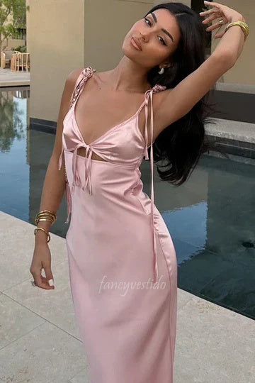 Pink Spaghetti Straps Keyhole Sheath Maxi Prom Dress