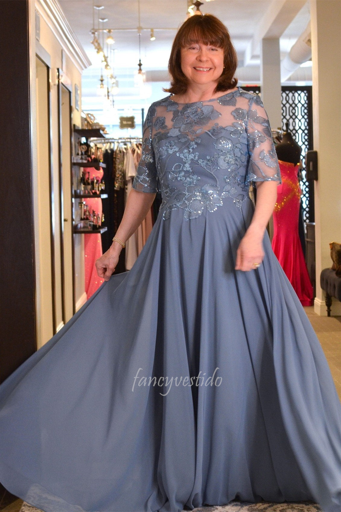 Lace Applique 3/4 Sleeves A-Line Mother of the Bride Dress