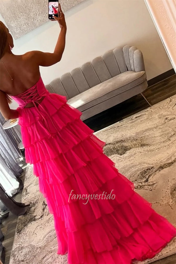 Hot Pink Pleated Keyhole A-Line Ruffle Prom Dress with Slit