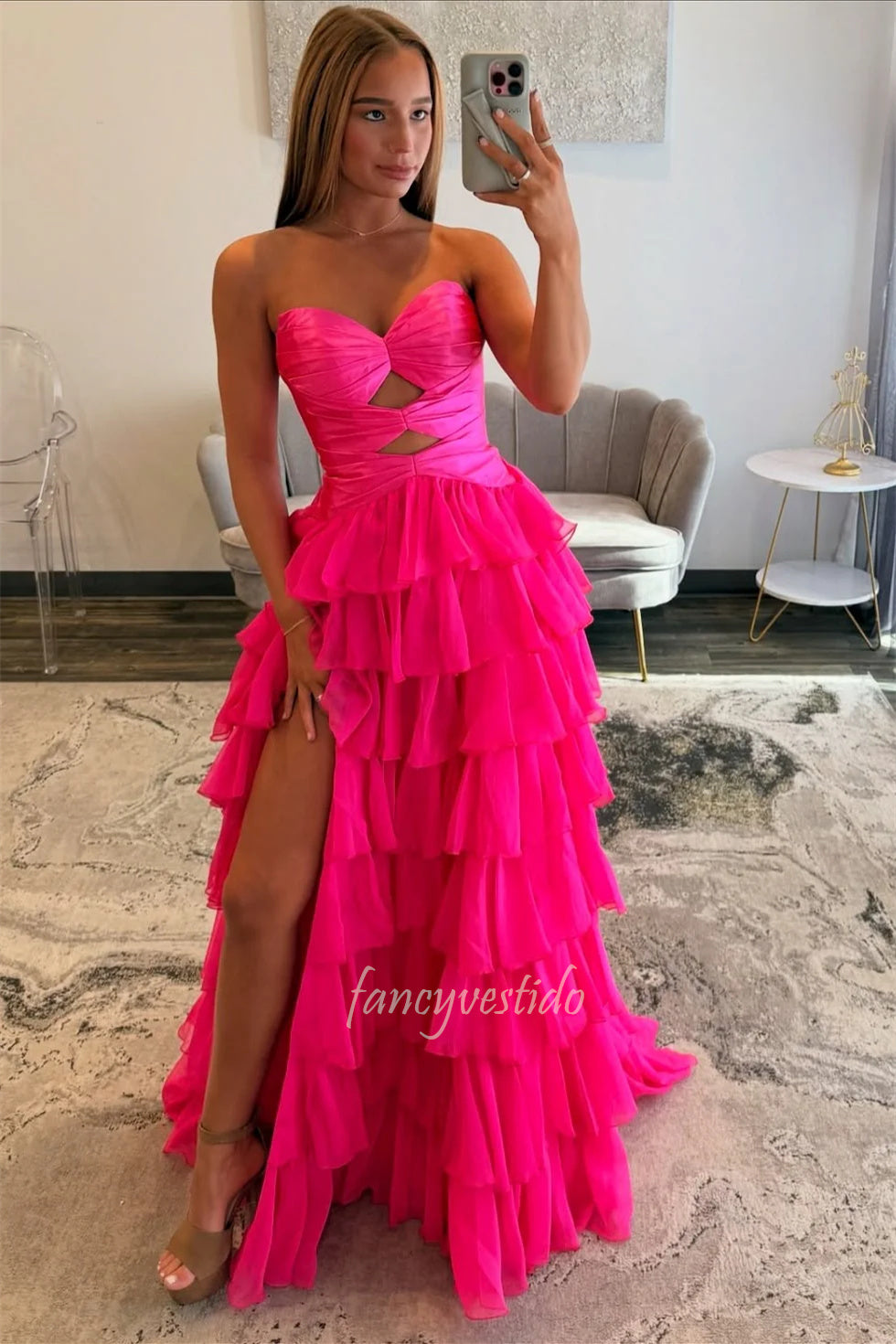 Hot Pink Pleated Keyhole A-Line Ruffle Prom Dress with Slit