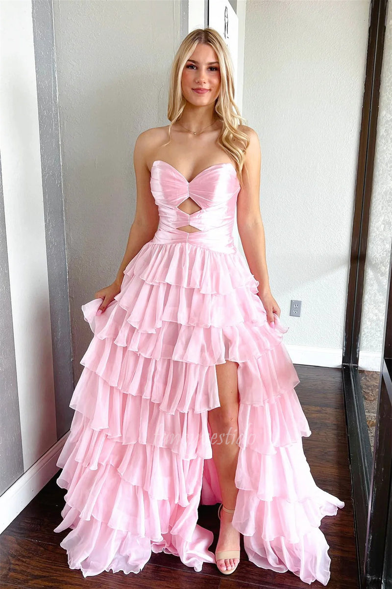 Hot Pink Pleated Keyhole A-Line Ruffle Prom Dress with Slit