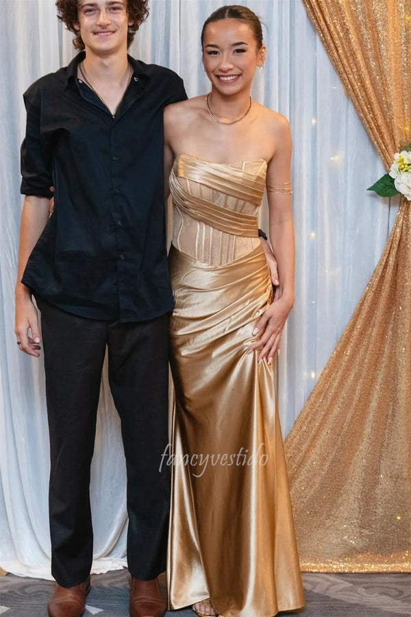 Strapless Red Boned Satin Mermaid Prom Dress with Slit