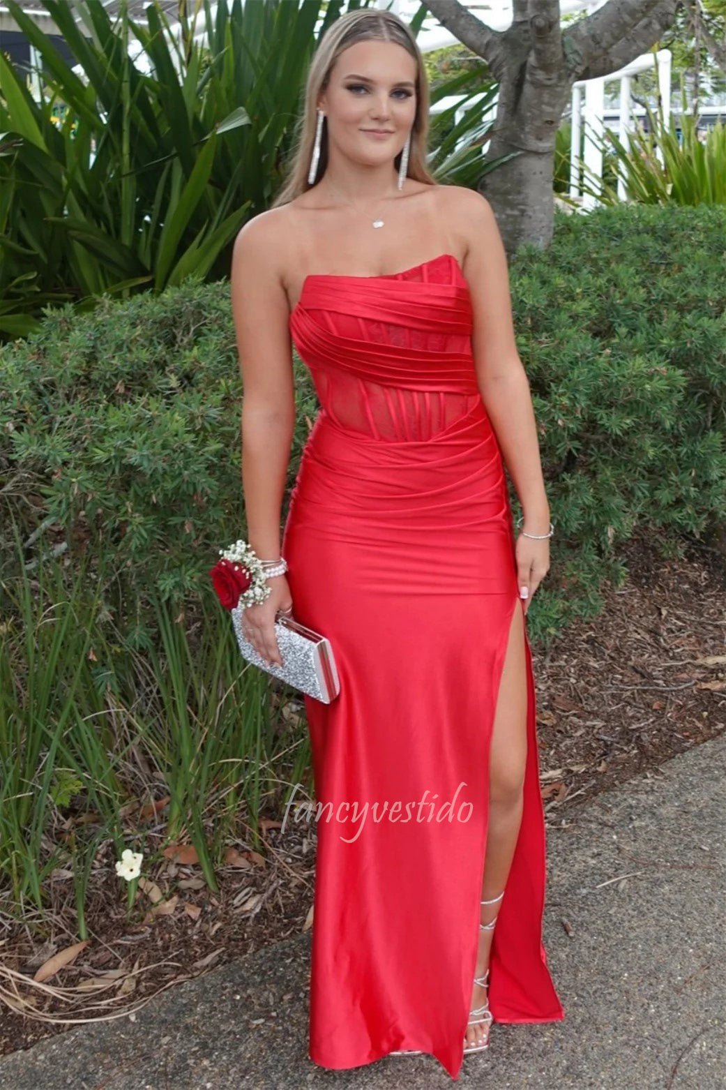 Strapless Red Boned Satin Mermaid Prom Dress with Slit