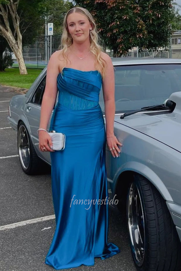Strapless Red Boned Satin Mermaid Prom Dress with Slit