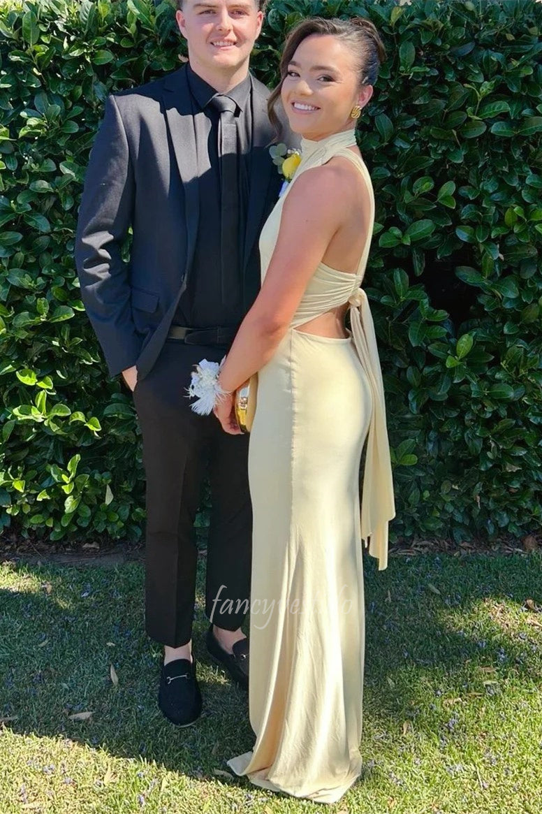 Elegant Yellow Halter Sheath Satin Maxi Prom Dress FancyVestido Elegant Yellow Halter Sheath Satin Maxi Prom Dress FancyVestido