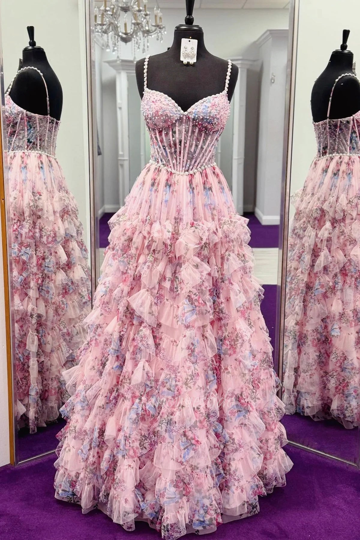 Strapless Pink Floral Print Layered Tulle Maxi Prom Dress