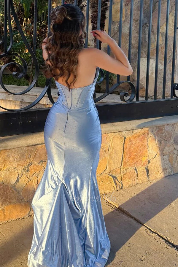 Strapless Beaded Boned Pleated Slit Mermaid Prom Dress