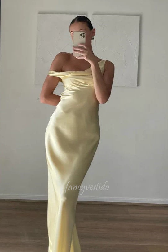 Chic One Shoulder Satin Sheath Maxi Prom Dress