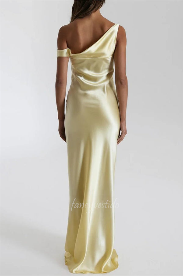 Chic One Shoulder Satin Sheath Maxi Prom Dress