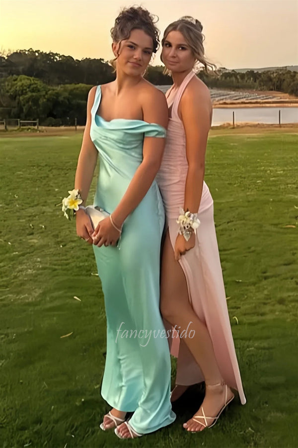 Chic One Shoulder Satin Sheath Maxi Prom Dress