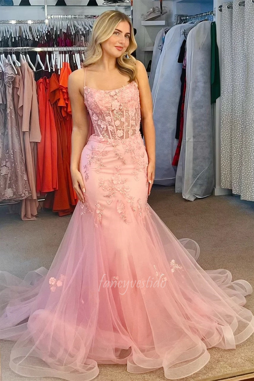 Pink Spaghetti Straps Applique Mermaid Layered Prom Dress