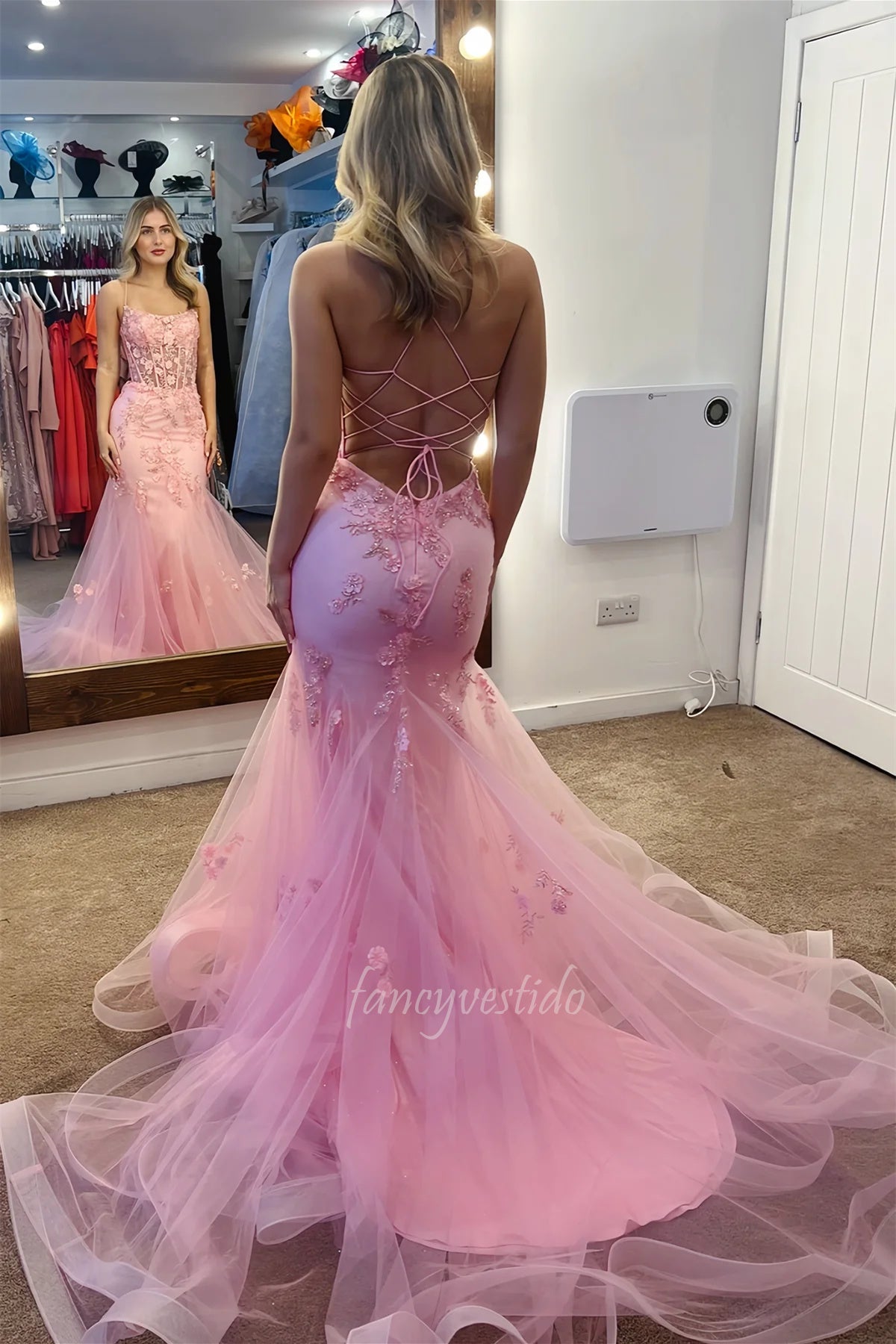 Pink Spaghetti Straps Applique Mermaid Layered Prom Dress