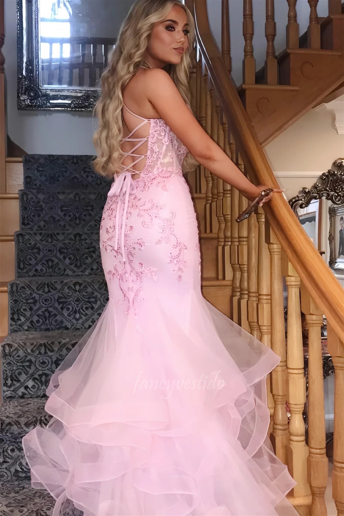 Pink Spaghetti Straps Applique Mermaid Layered Prom Dress