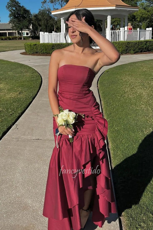 Yellow Strapless Ruffle Mermaid Prom Dress with Slit