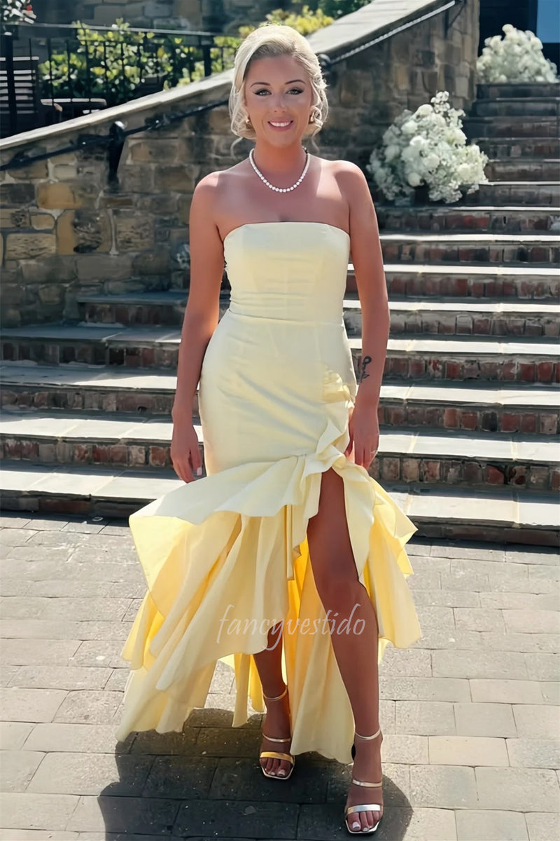 Yellow Strapless Ruffle Mermaid Prom Dress with Slit