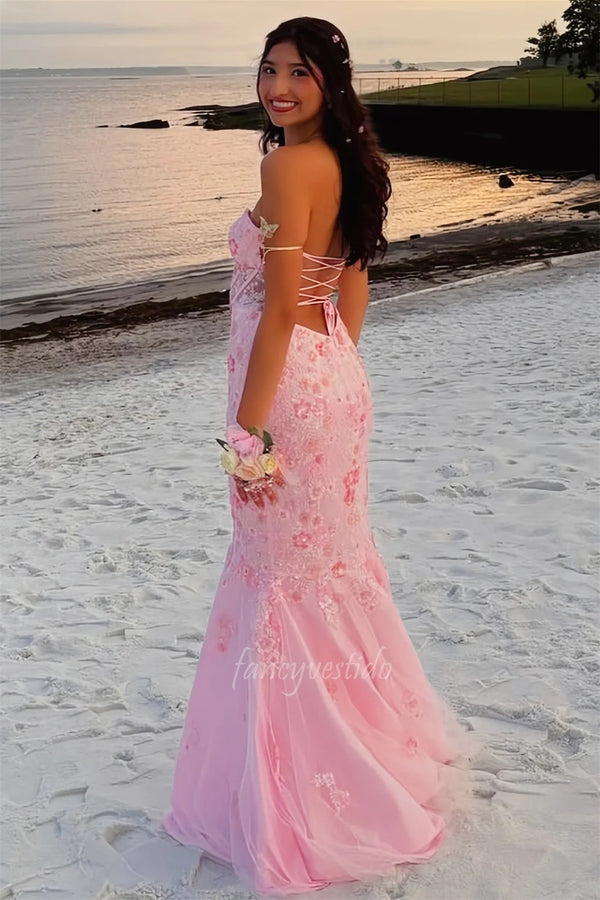 Pink Sweetheart Corest Mermaid Prom Dress with Lace-up Back