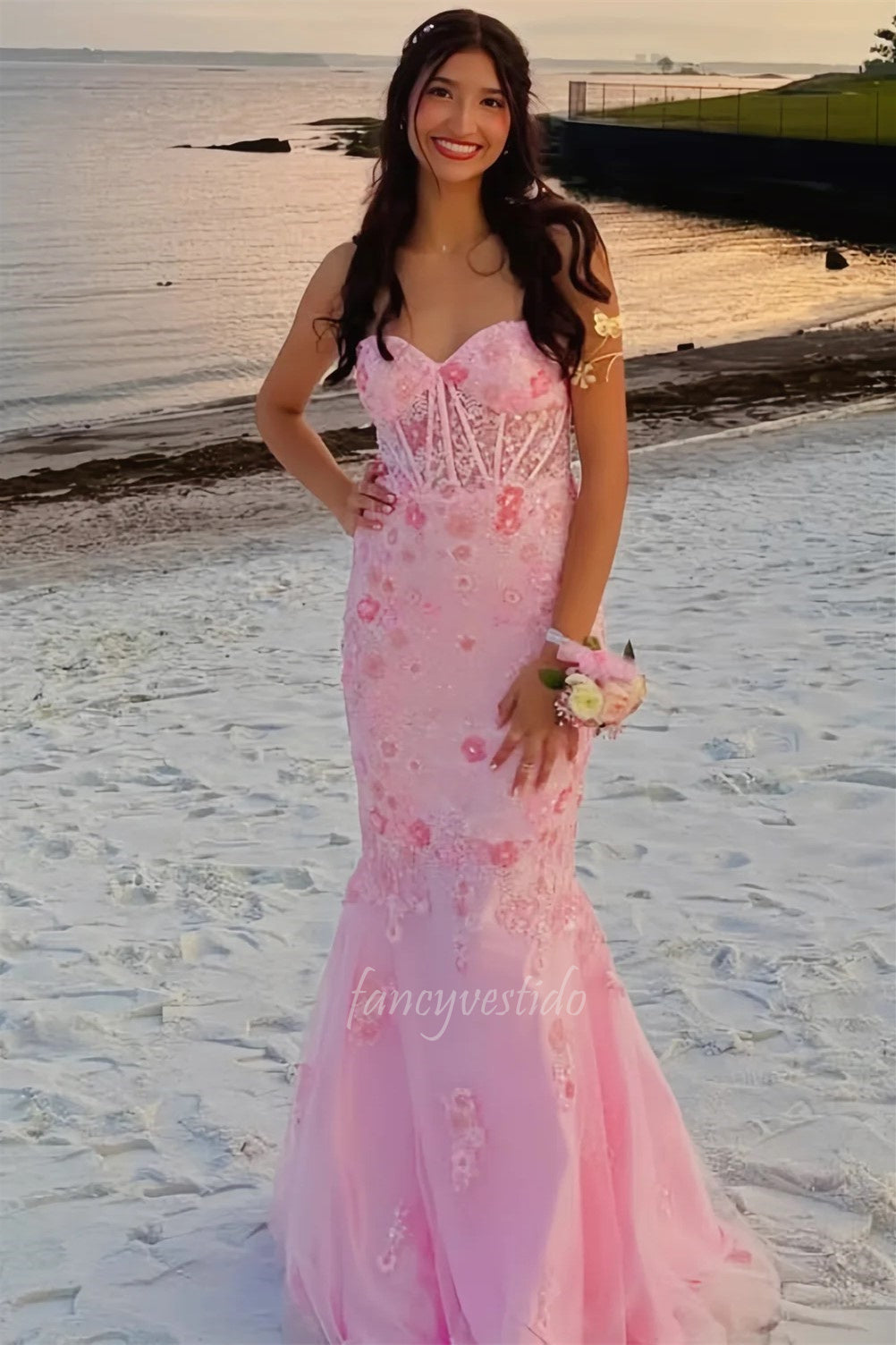 Pink Sweetheart Corest Mermaid Prom Dress with Lace-up Back
