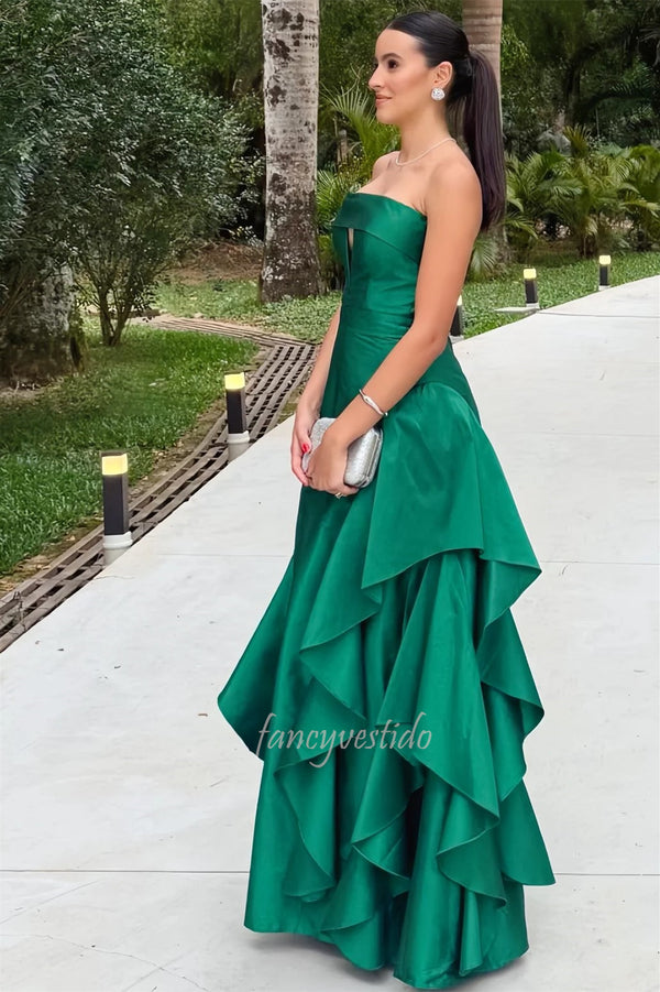 Graceful Strapless Sleeveless Tiered Satin Prom Dress