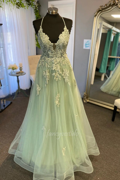 Straps V-Neck Applique Tulle Prom Dress with Lace-up
