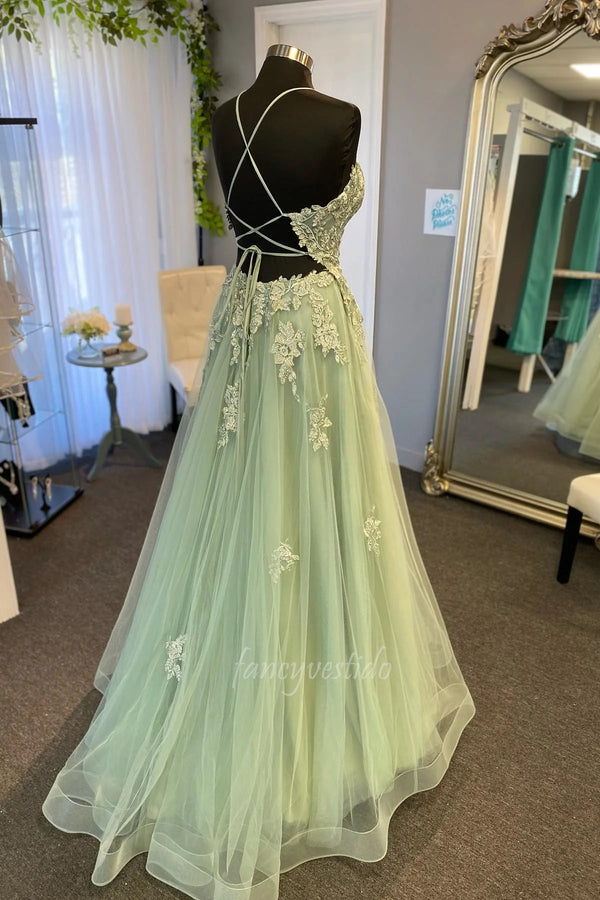 Straps V-Neck Applique Tulle Prom Dress with Lace-up