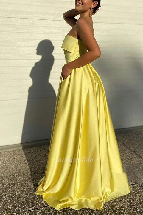 Yellow Strapless A-line High Slit Satin Prom Dress