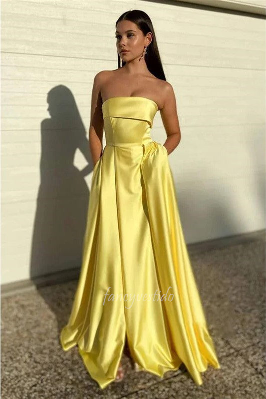 Yellow Strapless A-line High Slit Satin Prom Dress