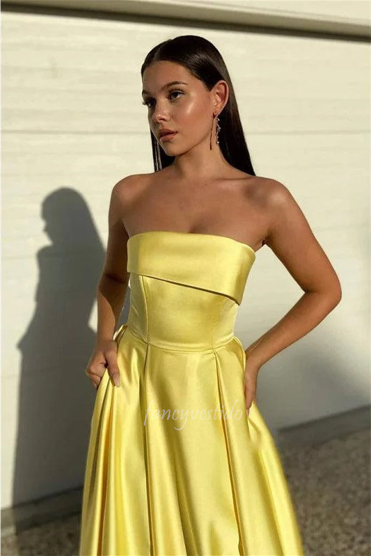 Yellow Strapless A-line High Slit Satin Prom Dress