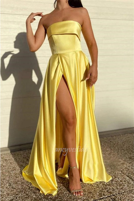 Yellow Strapless A-line High Slit Satin Prom Dress