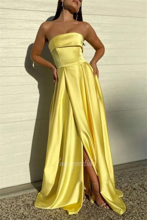 Yellow Strapless A-line High Slit Satin Prom Dress