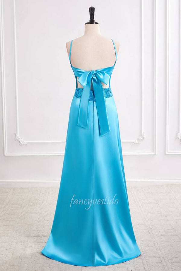 Sexy Blue Straps V-Neck Beaded Mermaid Long Party Prom Dress