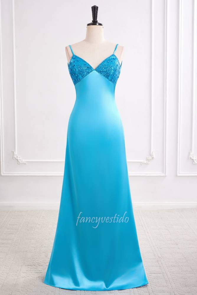 Sexy Blue Straps V-Neck Beaded Mermaid Long Party Prom Dress
