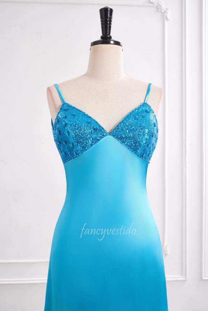 Sexy Blue Straps V-Neck Beaded Mermaid Long Party Prom Dress