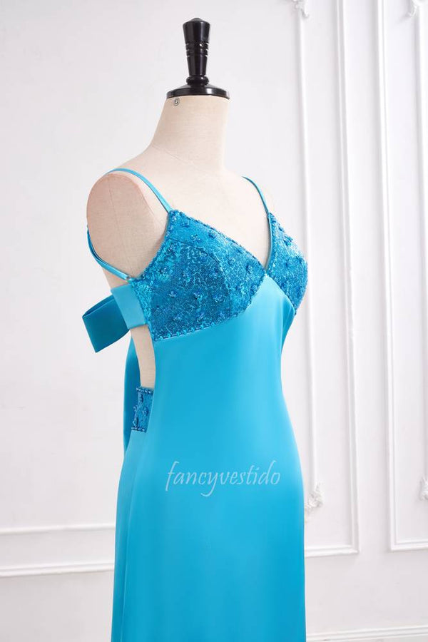 Sexy Blue Straps V-Neck Beaded Mermaid Long Party Prom Dress