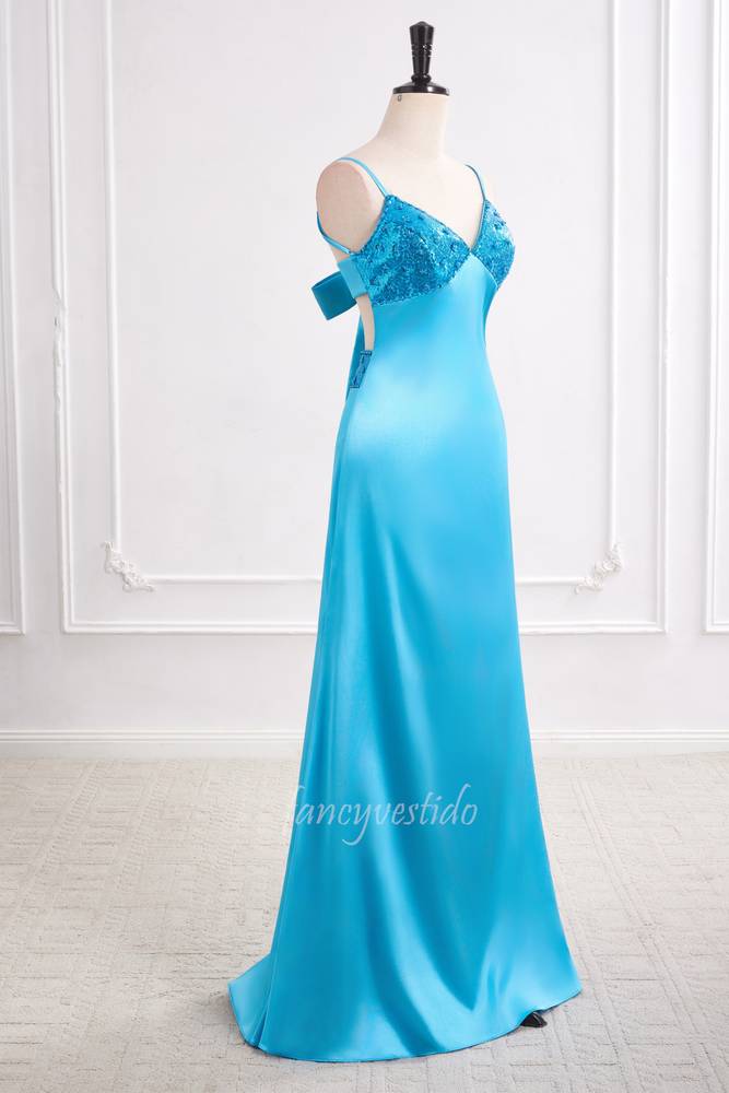 Sexy Blue Straps V-Neck Beaded Mermaid Long Party Prom Dress