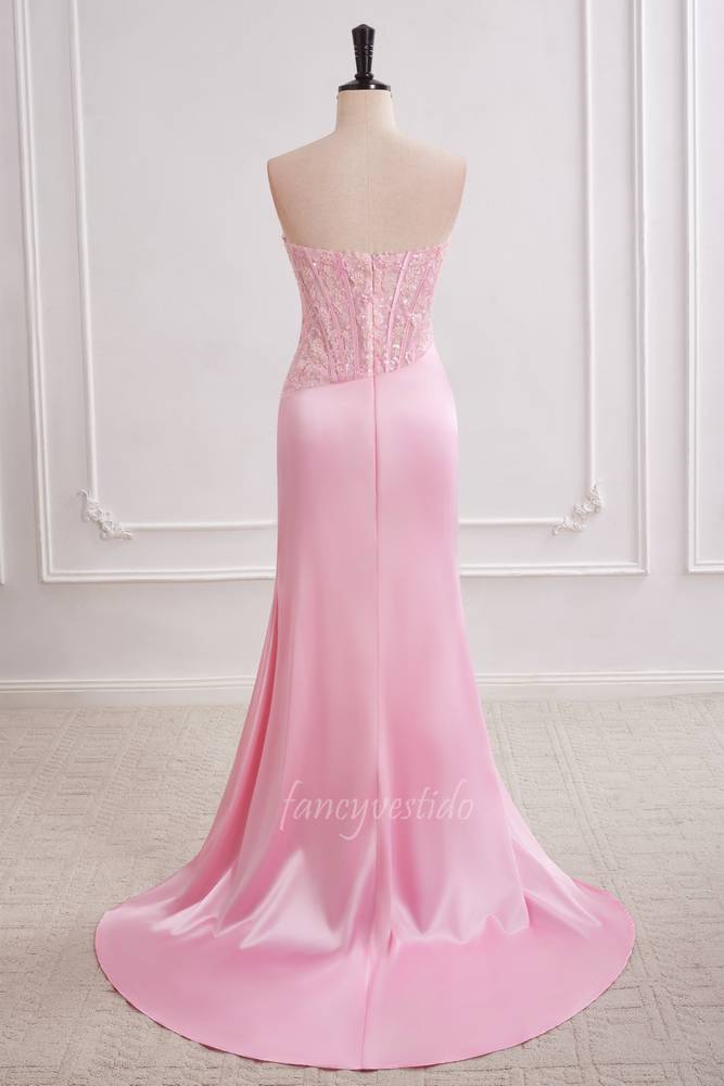 Pink Applique Fitted Satin Mermaid Long Prom Dress FancyVestido Pink Applique Fitted Satin Mermaid Long Prom Dress FancyVestido