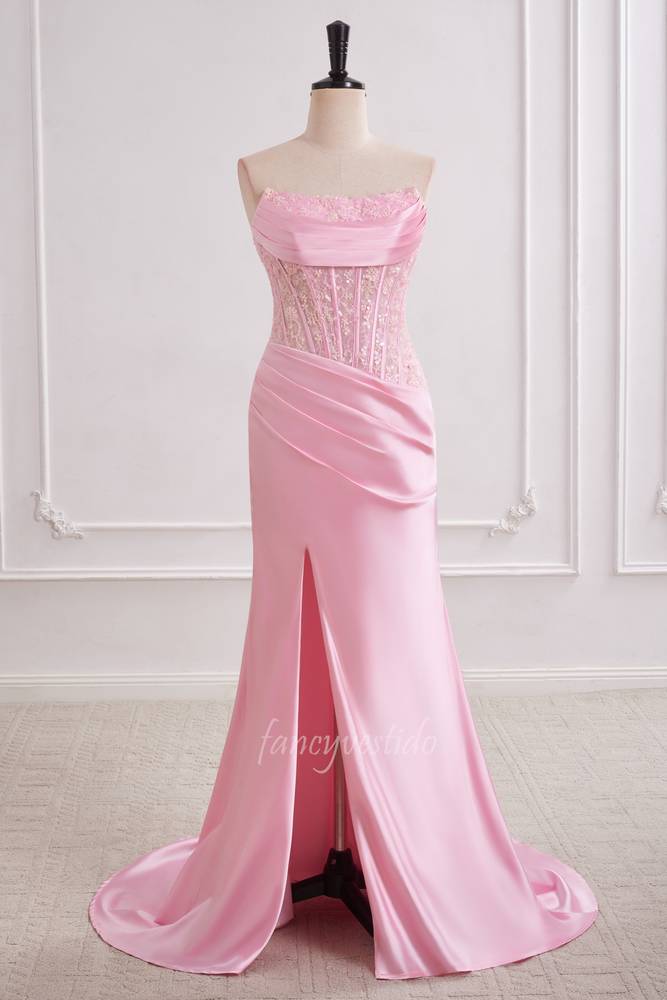 Pink Applique Fitted Satin Mermaid Long Prom Dress