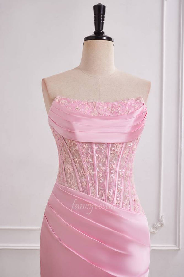 Pink Applique Fitted Satin Mermaid Long Prom Dress