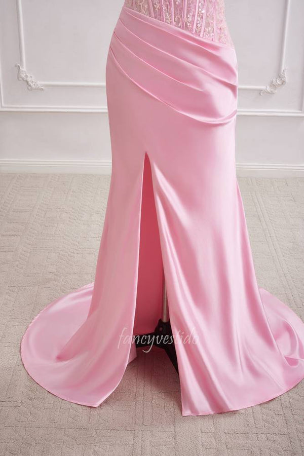 Pink Applique Fitted Satin Mermaid Long Prom Dress