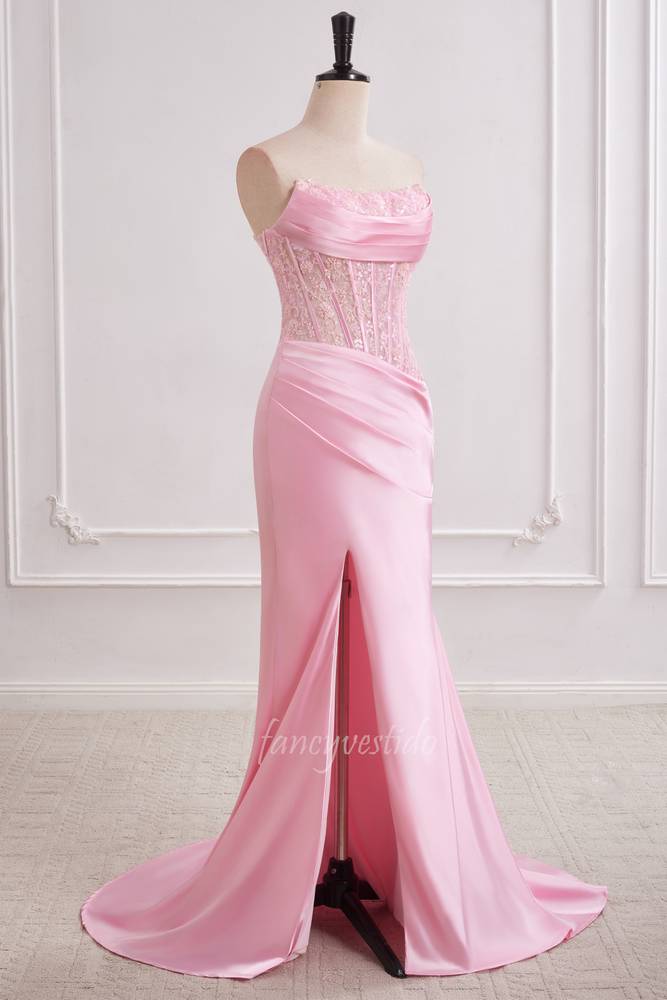 Pink Applique Fitted Satin Mermaid Long Prom Dress